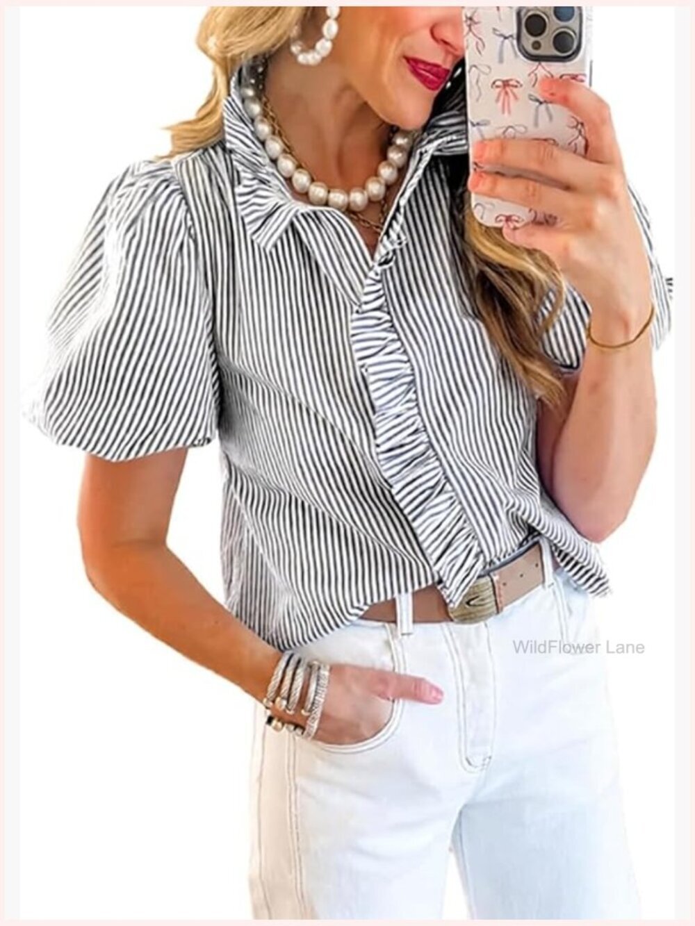 Puffy Sleeve Button Down Ruffle Blouse Babydoll Top